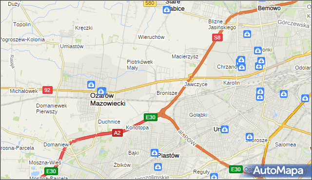 mapa Bronisze gmina Ożarów Mazowiecki, Bronisze gmina Ożarów Mazowiecki na mapie Targeo