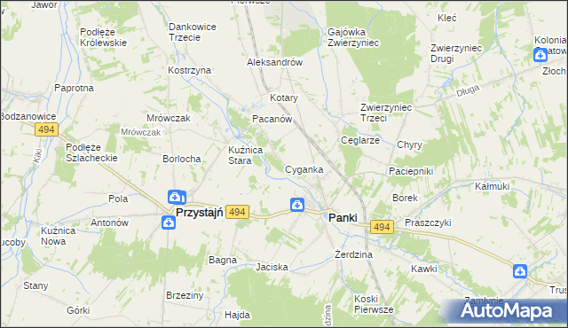 mapa Cyganka gmina Panki, Cyganka gmina Panki na mapie Targeo