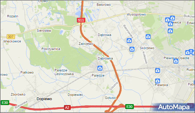 mapa Dąbrówka gmina Dopiewo, Dąbrówka gmina Dopiewo na mapie Targeo