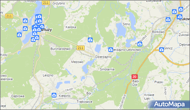 mapa Dzierżążno gmina Kartuzy, Dzierżążno gmina Kartuzy na mapie Targeo