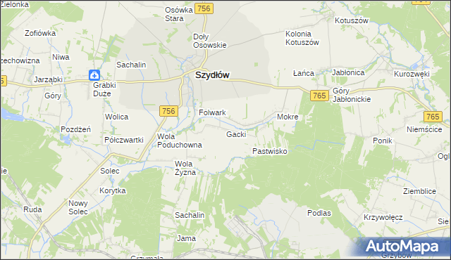 mapa Gacki gmina Szydłów, Gacki gmina Szydłów na mapie Targeo