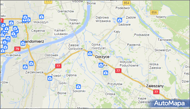mapa Gorzyce powiat tarnobrzeski, Gorzyce powiat tarnobrzeski na mapie Targeo
