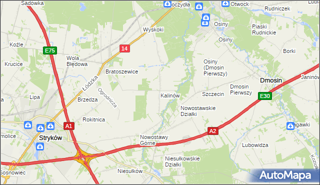 mapa Kalinów gmina Stryków, Kalinów gmina Stryków na mapie Targeo