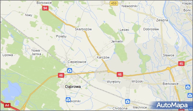 mapa Karczów gmina Dąbrowa, Karczów gmina Dąbrowa na mapie Targeo