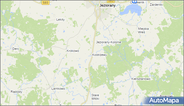 mapa Kostrzewy gmina Jeziorany, Kostrzewy gmina Jeziorany na mapie Targeo