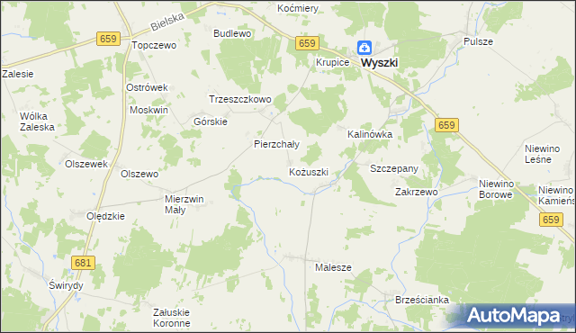 mapa Kożuszki gmina Wyszki, Kożuszki gmina Wyszki na mapie Targeo