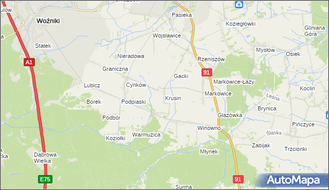 mapa Krusin gmina Koziegłowy, Krusin gmina Koziegłowy na mapie Targeo