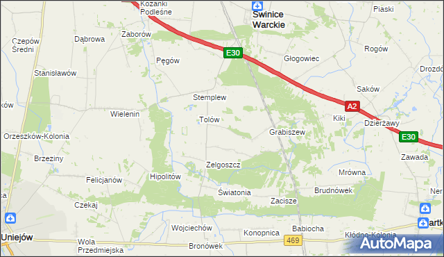 mapa Ładawy gmina Świnice Warckie, Ładawy gmina Świnice Warckie na mapie Targeo