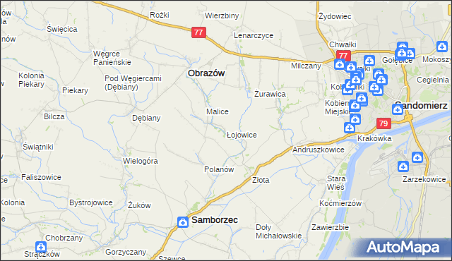 mapa Łojowice gmina Samborzec, Łojowice gmina Samborzec na mapie Targeo
