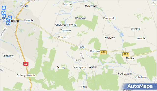 mapa Łuzki gmina Łosice, Łuzki gmina Łosice na mapie Targeo