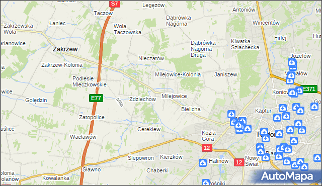 mapa Milejowice gmina Zakrzew, Milejowice gmina Zakrzew na mapie Targeo