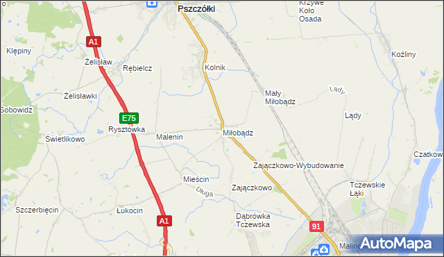 mapa Miłobądz gmina Tczew, Miłobądz gmina Tczew na mapie Targeo