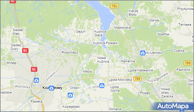 mapa Nowa Kuźnica gmina Koziegłowy, Nowa Kuźnica gmina Koziegłowy na mapie Targeo