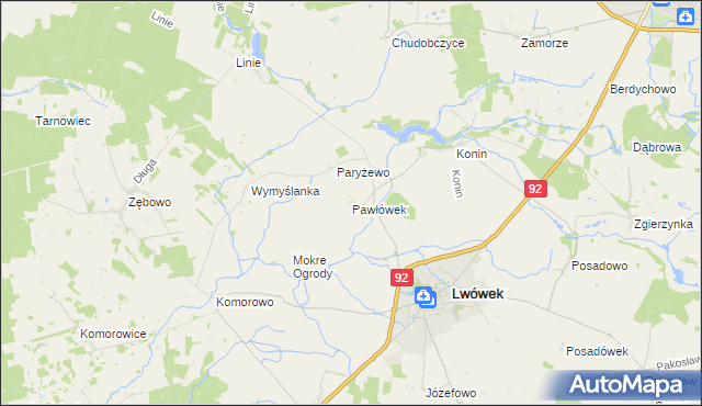 mapa Pawłówek gmina Lwówek, Pawłówek gmina Lwówek na mapie Targeo