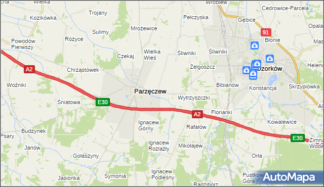 mapa Piaskowice gmina Parzęczew, Piaskowice gmina Parzęczew na mapie Targeo