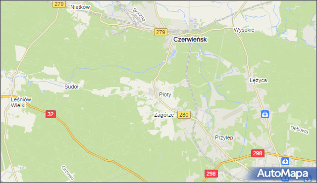 mapa Płoty gmina Czerwieńsk, Płoty gmina Czerwieńsk na mapie Targeo