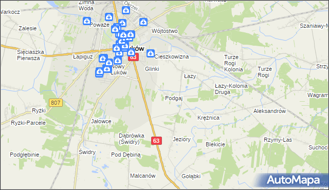 mapa Podgaj gmina Łuków, Podgaj gmina Łuków na mapie Targeo