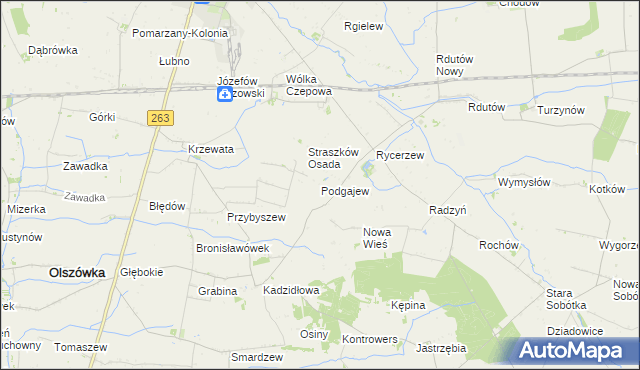 mapa Podgajew gmina Kłodawa, Podgajew gmina Kłodawa na mapie Targeo