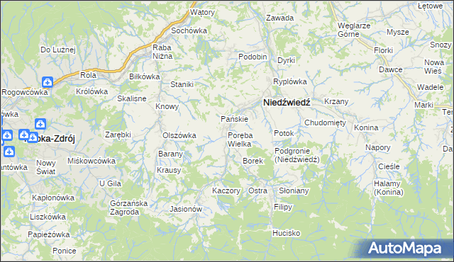 mapa Poręba Wielka gmina Niedźwiedź, Poręba Wielka gmina Niedźwiedź na mapie Targeo
