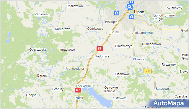 mapa Radomice gmina Lipno, Radomice gmina Lipno na mapie Targeo