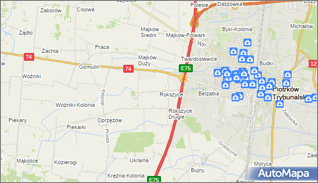 mapa Rokszyce gmina Wola Krzysztoporska, Rokszyce gmina Wola Krzysztoporska na mapie Targeo