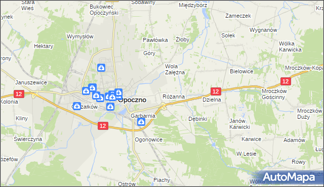 mapa Różanna gmina Opoczno, Różanna gmina Opoczno na mapie Targeo