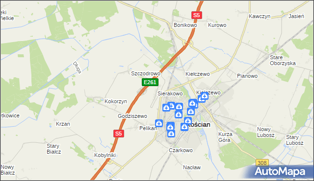 mapa Sierakowo gmina Kościan, Sierakowo gmina Kościan na mapie Targeo