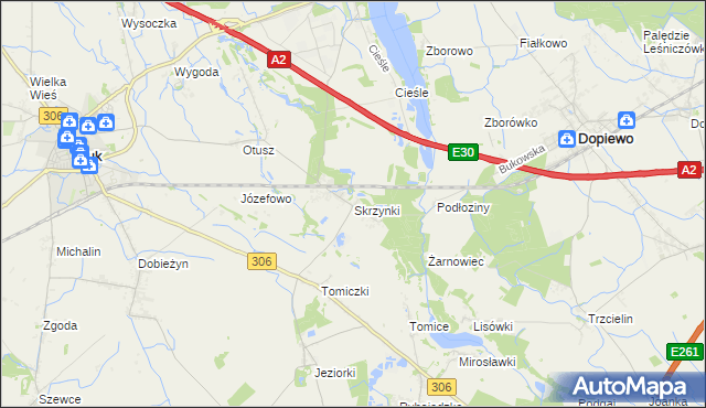 mapa Skrzynki gmina Stęszew, Skrzynki gmina Stęszew na mapie Targeo