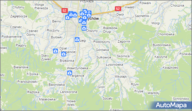 mapa Sułkowice gmina Andrychów, Sułkowice gmina Andrychów na mapie Targeo