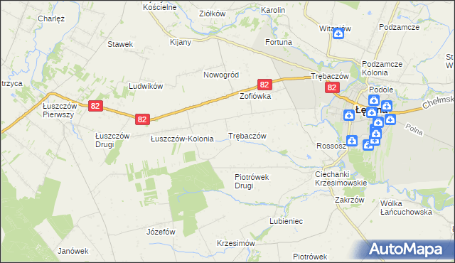 mapa Trębaczów gmina Łęczna, Trębaczów gmina Łęczna na mapie Targeo