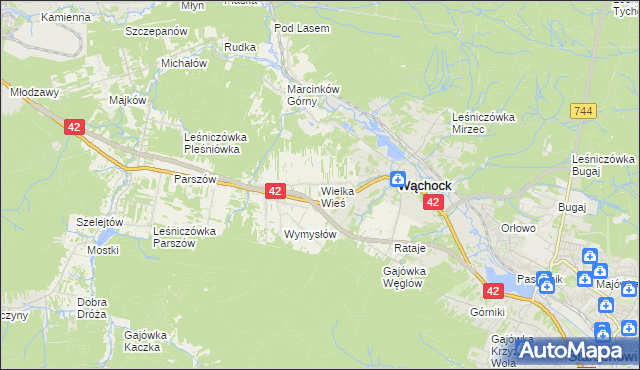 mapa Wielka Wieś gmina Wąchock, Wielka Wieś gmina Wąchock na mapie Targeo