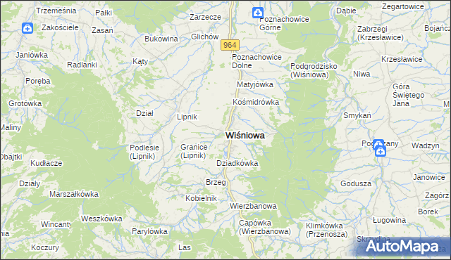 mapa Wiśniowa powiat myślenicki, Wiśniowa powiat myślenicki na mapie Targeo