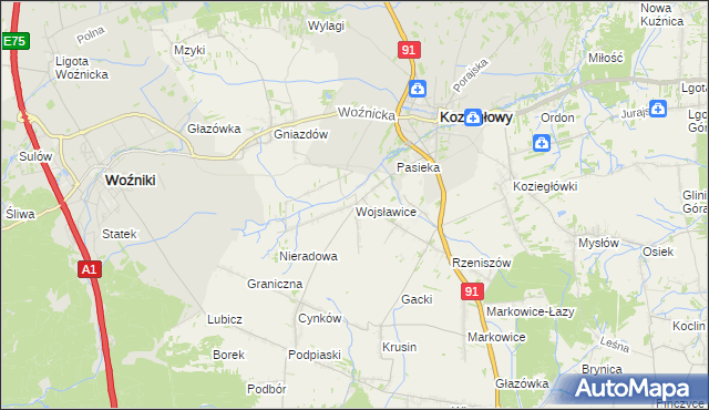 mapa Wojsławice gmina Koziegłowy, Wojsławice gmina Koziegłowy na mapie Targeo