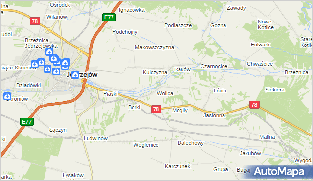 mapa Wolica gmina Jędrzejów, Wolica gmina Jędrzejów na mapie Targeo