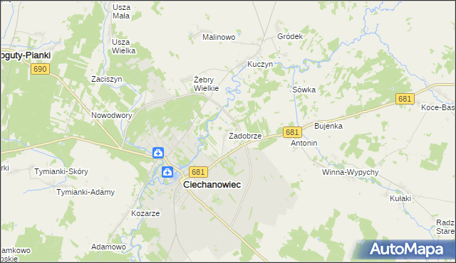 mapa Zadobrze gmina Ciechanowiec, Zadobrze gmina Ciechanowiec na mapie Targeo