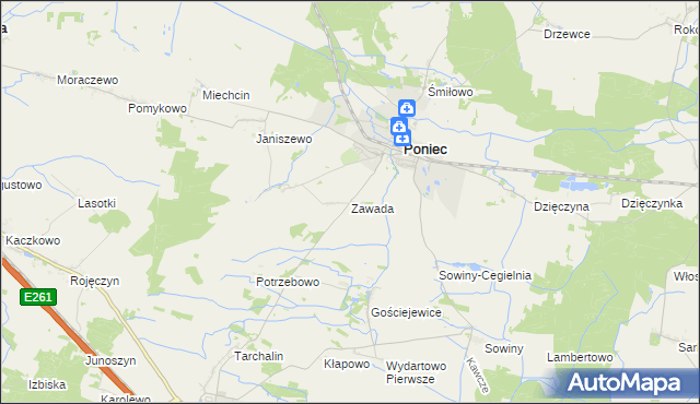 mapa Zawada gmina Poniec, Zawada gmina Poniec na mapie Targeo