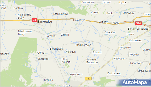 mapa Modliborzyce gmina Baćkowice, Modliborzyce gmina Baćkowice na mapie Targeo