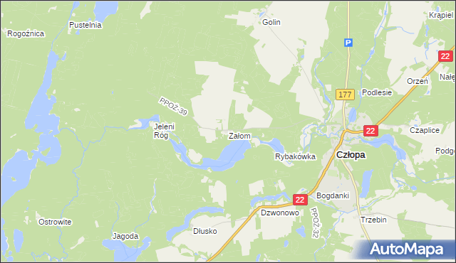 mapa Załom gmina Człopa, Załom gmina Człopa na mapie Targeo