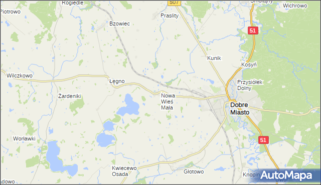 mapa Nowa Wieś Mała gmina Dobre Miasto, Nowa Wieś Mała gmina Dobre Miasto na mapie Targeo