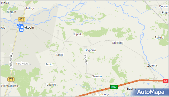 mapa Bagienki gmina Tykocin, Bagienki gmina Tykocin na mapie Targeo