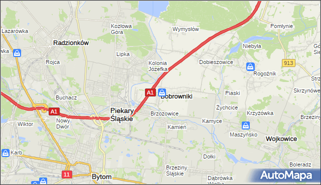 mapa Bobrowniki powiat będziński, Bobrowniki powiat będziński na mapie Targeo
