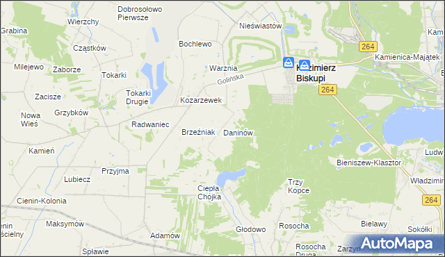 mapa Daninów gmina Kazimierz Biskupi, Daninów gmina Kazimierz Biskupi na mapie Targeo