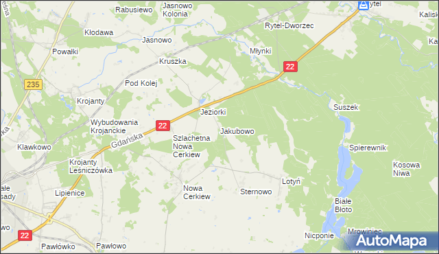mapa Jakubowo gmina Chojnice, Jakubowo gmina Chojnice na mapie Targeo