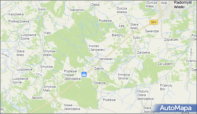 mapa Janowiec gmina Radomyśl Wielki, Janowiec gmina Radomyśl Wielki na mapie Targeo
