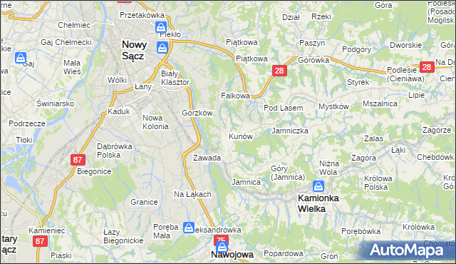 mapa Kunów gmina Chełmiec, Kunów gmina Chełmiec na mapie Targeo