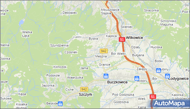 mapa Meszna gmina Wilkowice, Meszna gmina Wilkowice na mapie Targeo