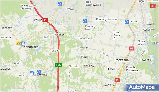 mapa Młynek gmina Poczesna, Młynek gmina Poczesna na mapie Targeo