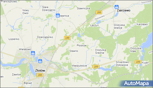 mapa Płosków gmina Złotów, Płosków gmina Złotów na mapie Targeo