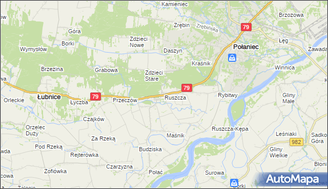 mapa Ruszcza gmina Połaniec, Ruszcza gmina Połaniec na mapie Targeo