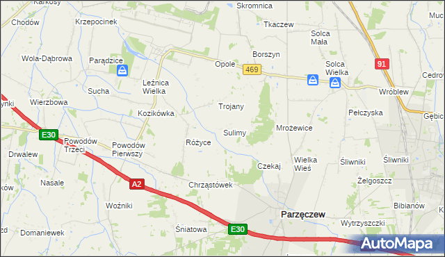 mapa Sulimy gmina Parzęczew, Sulimy gmina Parzęczew na mapie Targeo
